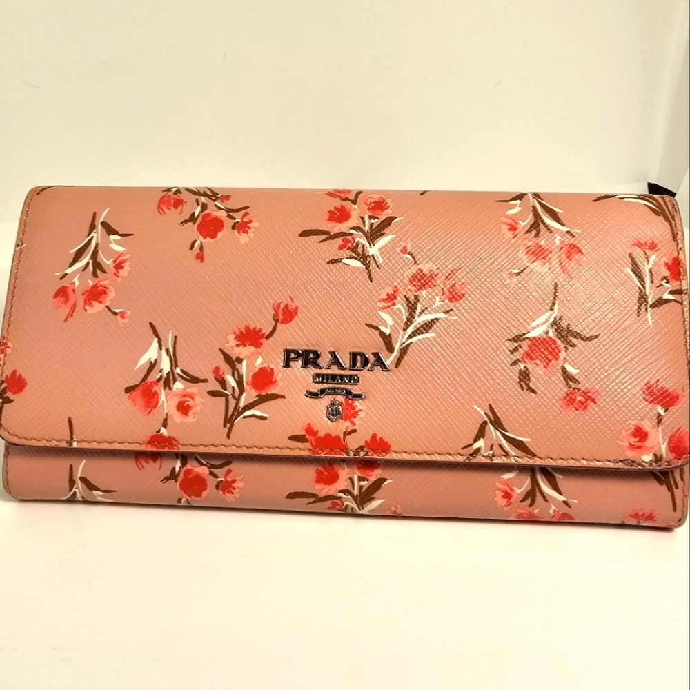 Prada Pink Saffiano Leather with Floral bouquet Pattern and Detachable ID - COA